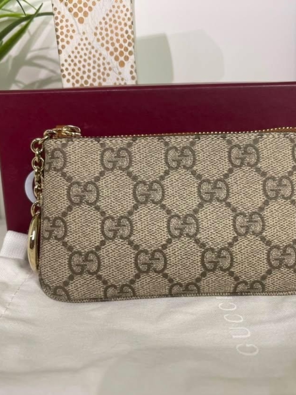 Gucci Beige GG Supreme Canvas Key & Card Holder with Gold Hardware